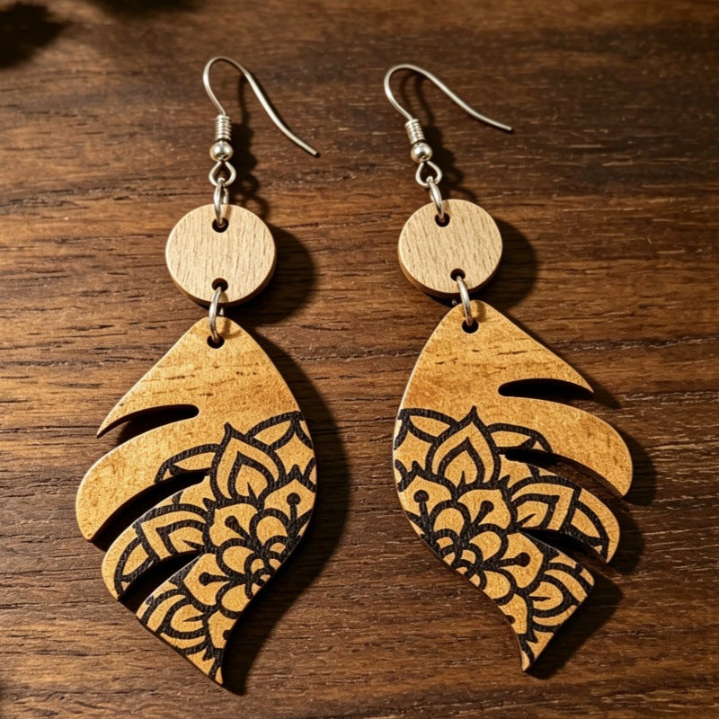 Wholesale Bohemian Wooden Earrings With Monstera Leaf Print Chic Jewelry Accessory For Party Wear And Boutique Resale