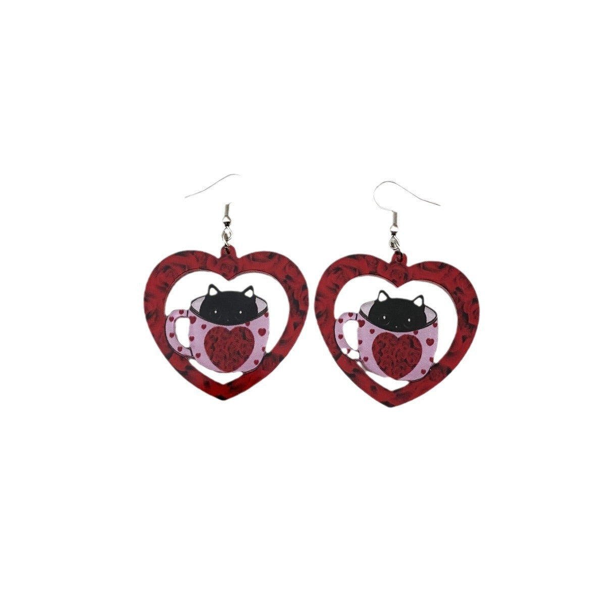 Wholesale Acrylic Printed Heart Cat Earrings