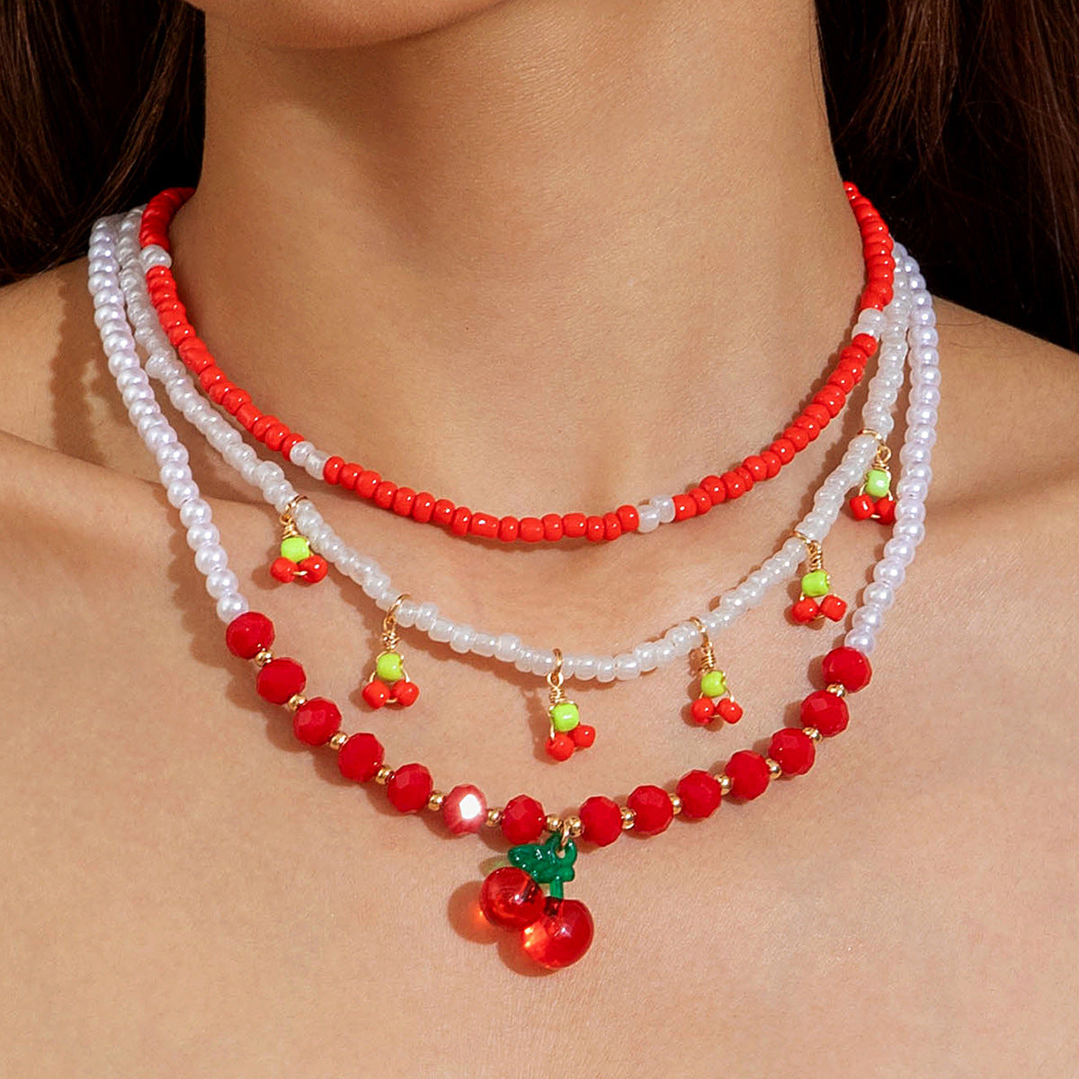 Wholesale Cherry Pendant Necklace Multi-layered Beaded Cute Necklace