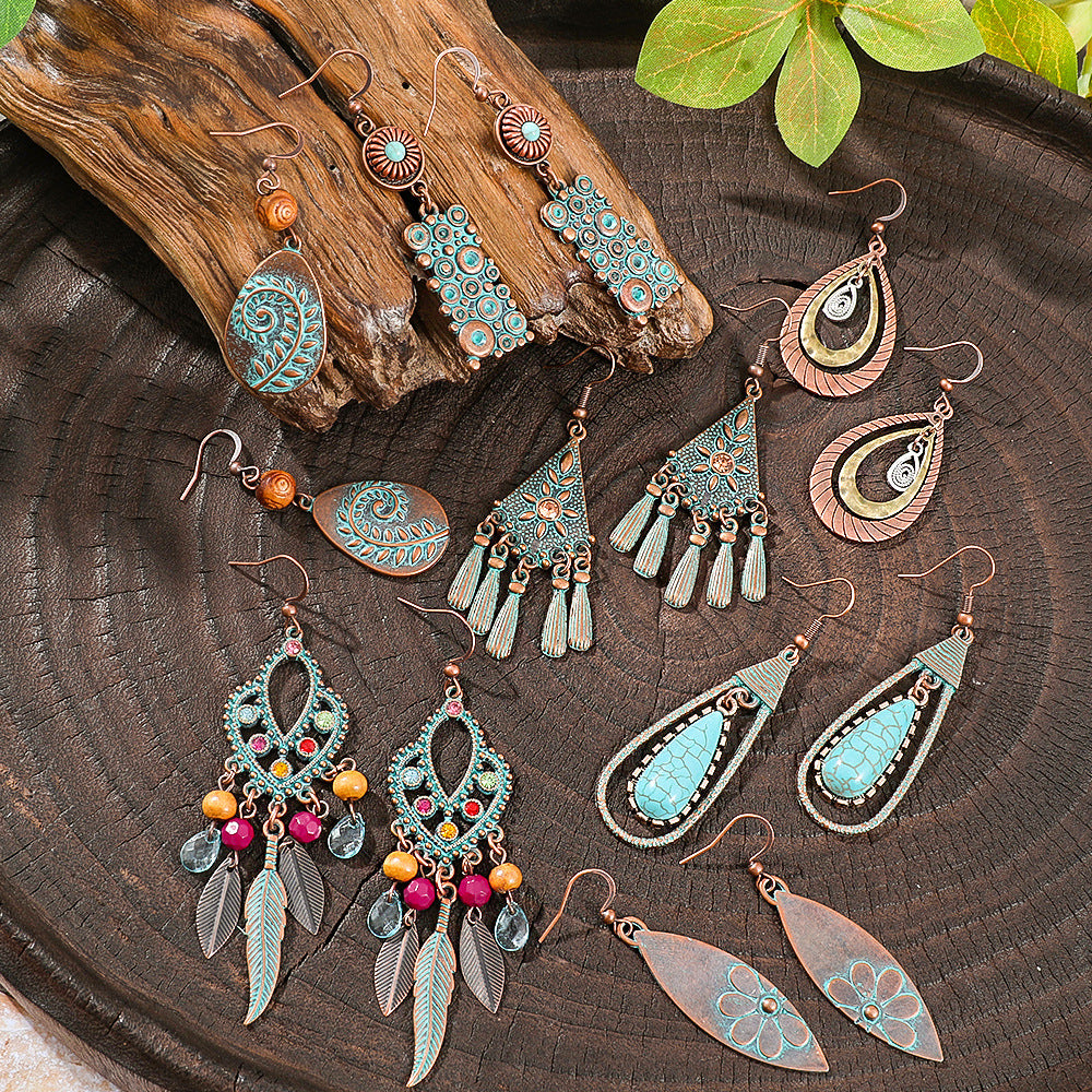 Wholesale Retro Ethnic Earrings Set Alloy Geometric Turquoise Tassel Trendy Party Accessory Gift