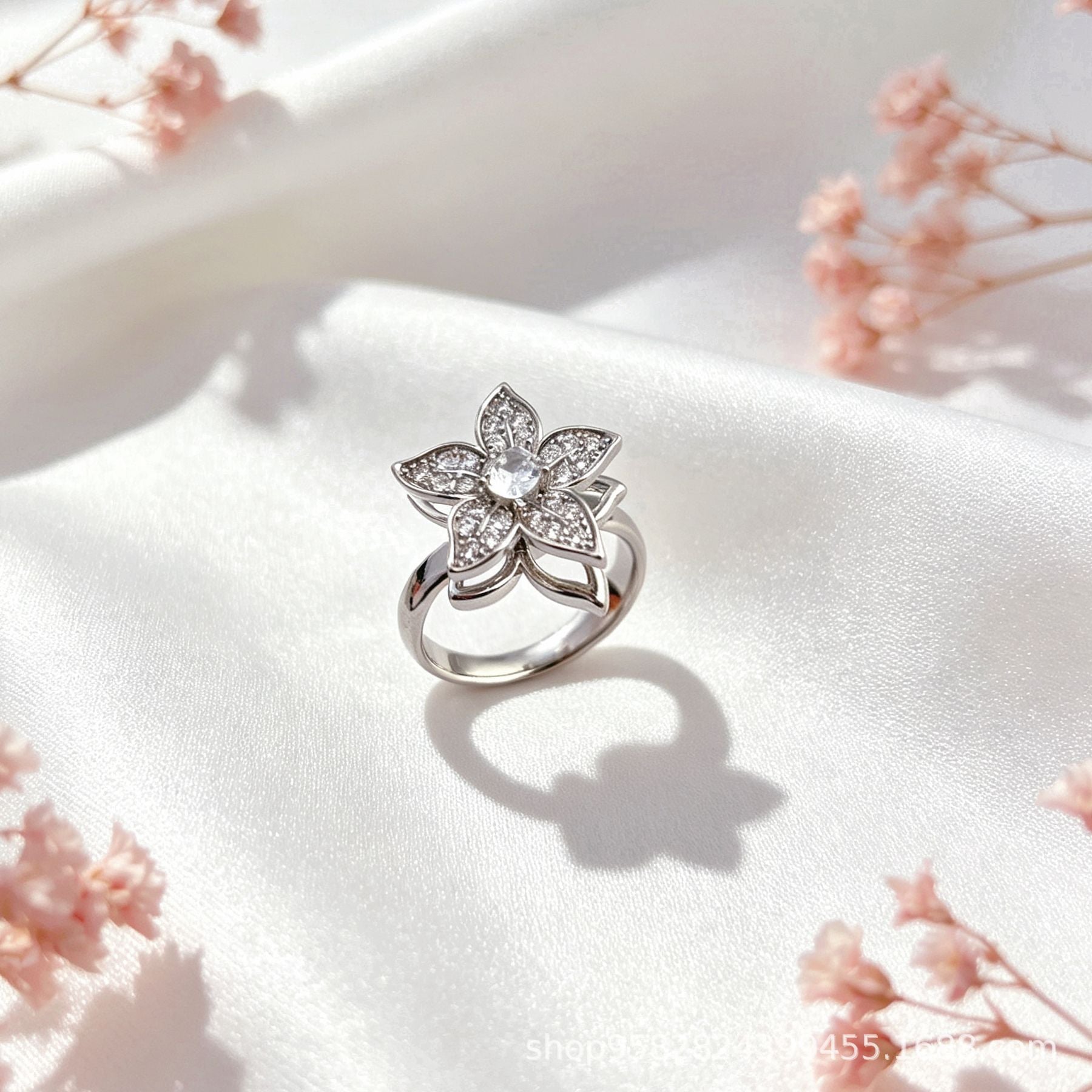Wholesale 360° Rotating Double-Layer Flower Ring Gold Plated Zircon Fashion Accessory Boutique Gift