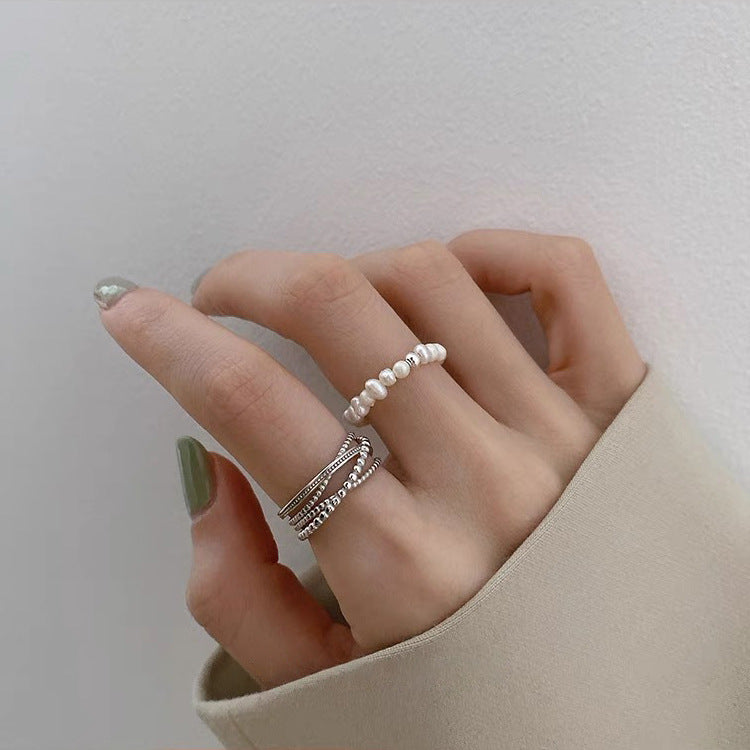 Wholesale  Freshwater Pearl Metal Staggered Opening Ring All-match Elegant Ring Cold Style