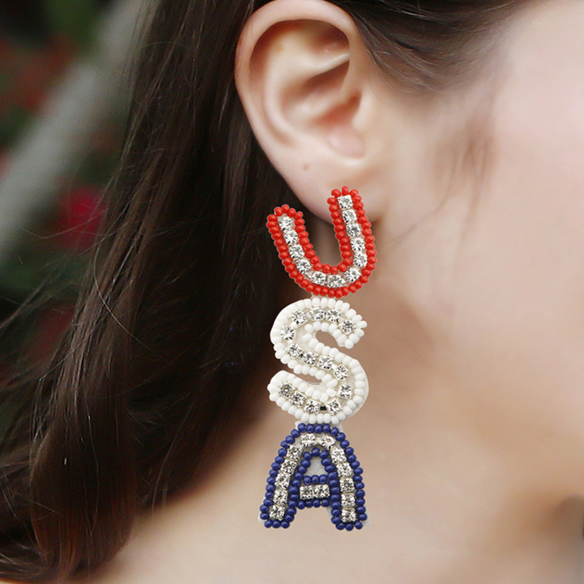 Wholesale Handmade Rice Beads Rhinestone USA Letters Rainbow Cactus Earrings