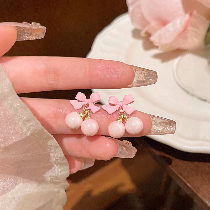 Wholesale Pink Bow Earrings Cute Pearl Earrings