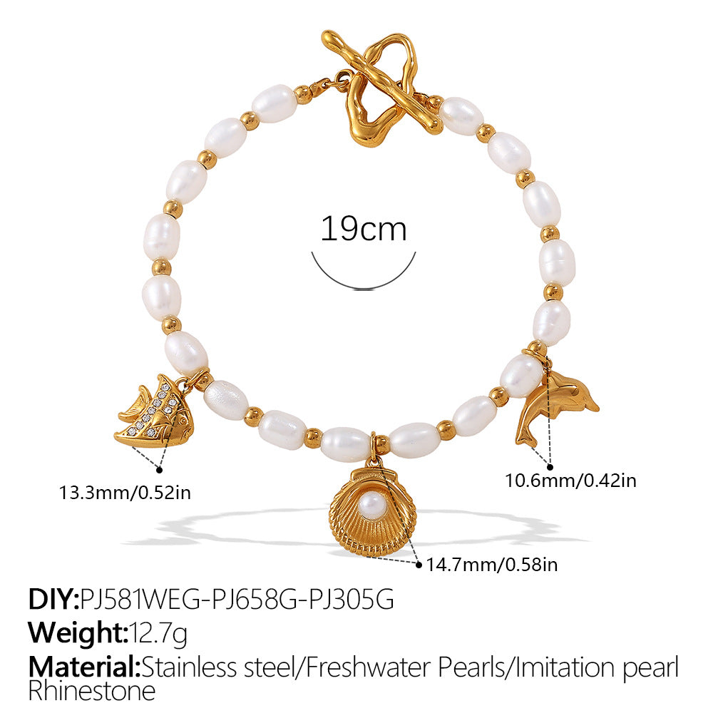 Wholesale  Fashion Creative Ocean Theme Freshwater Pearl DIY Dolphin Pendant Bracelet Plated with 18K Gold Niche Jewelry for Women