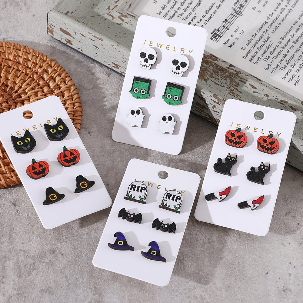 Wholesale Halloween Bat Pumpkin Black Cat Skull Ghost Earrings