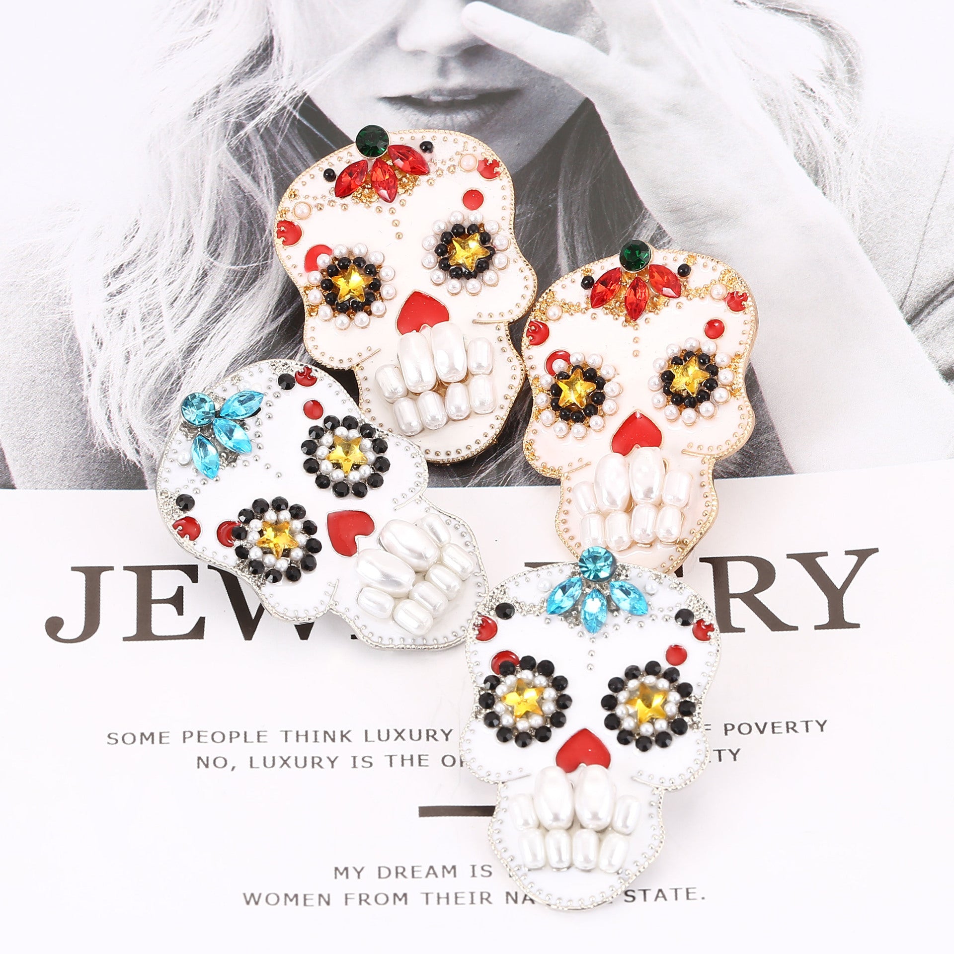 Wholesale Skull Inlaid Pearl Metal Earrings