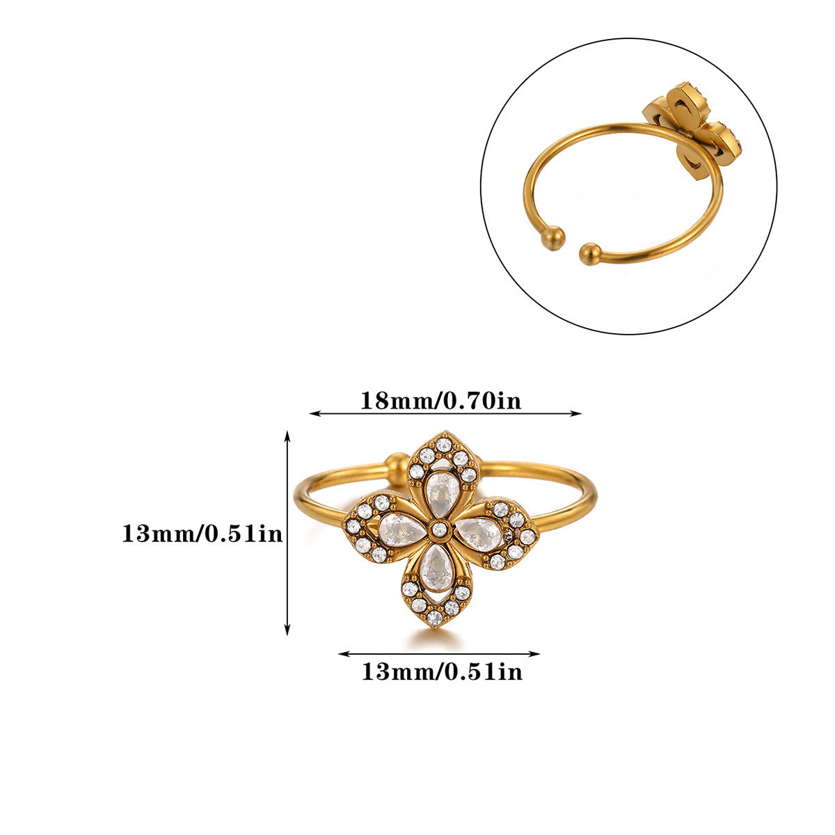 Wholesale Adjustable stainless steel zircon cross flower ring