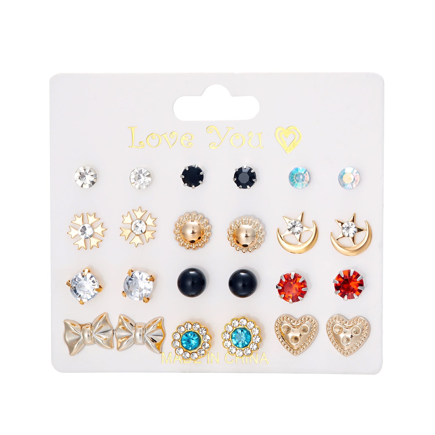Wholesale month combination earrings 12 pairs of flowers love stars and moon diamond  earrings suit
