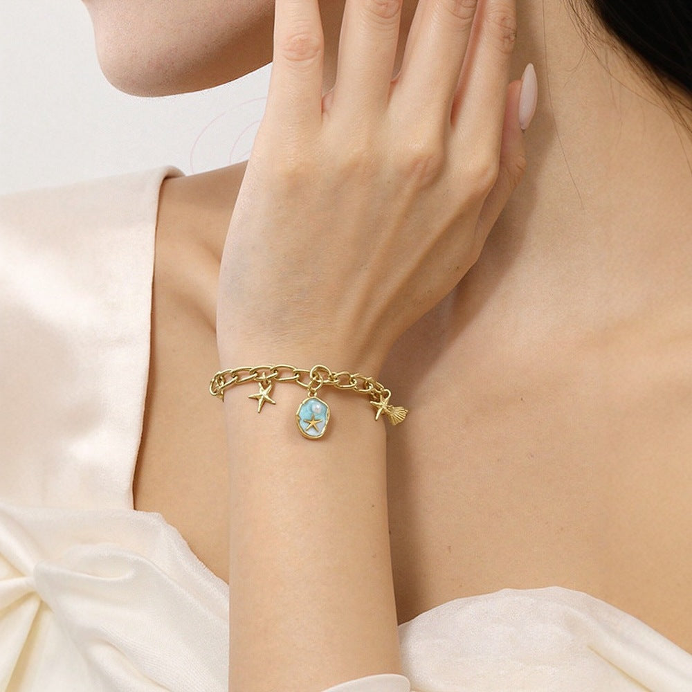 Wholesale Stainless Steel Vintage Ocean Themed Charm Bracelet with Starfish and Pearl - Fashion Accessory