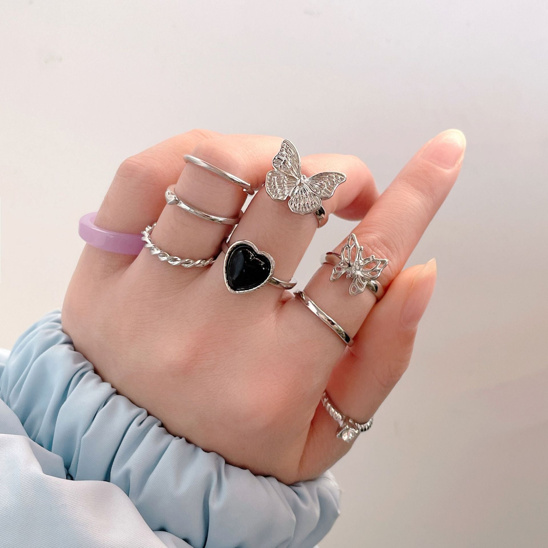 Wholesale Vintage 9-piece butterfly and heart ring set