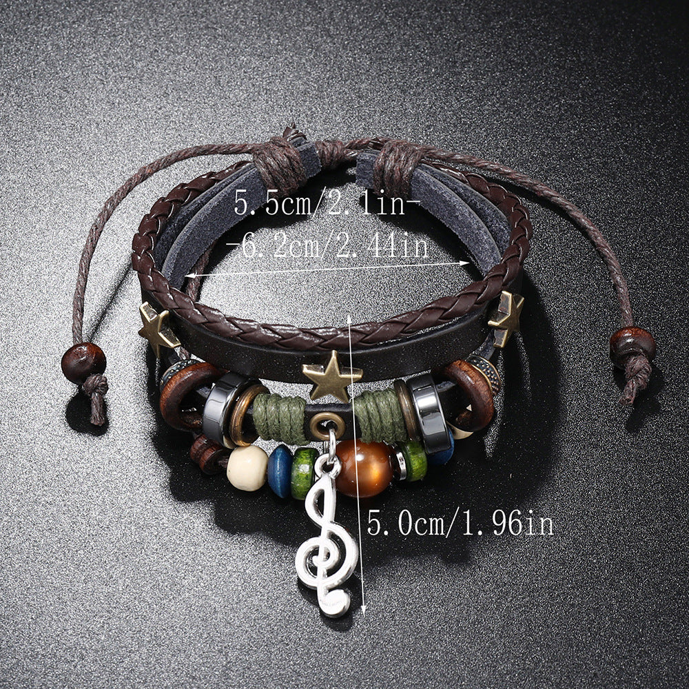 Wholesale Layered Leather Beaded Bracelet with Music Note Pendant – Unisex Electroplated Jewelry Accessory