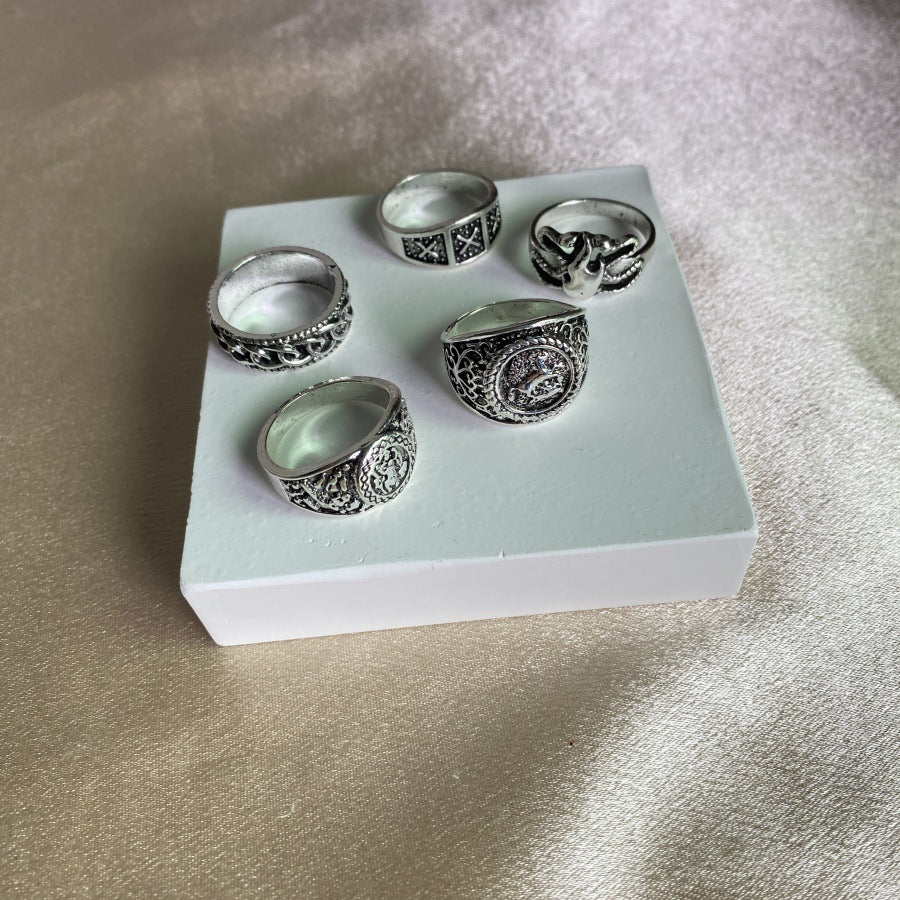 Wholesale Metal Ring Retro Style Design Totem Geometry Couple Ring 5-piece Set