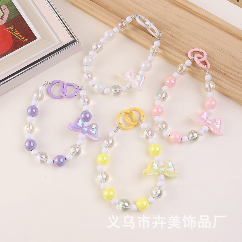 Wholesale Color-plated bow beaded mobile phone chain keychain