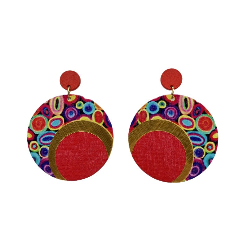 Wholesale Wooden Printed Round Colorful Large Earrings ACC-ES-FX016