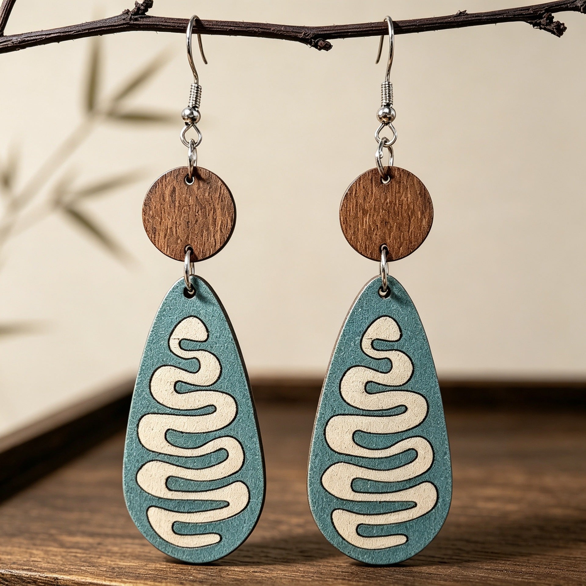 Wholesale Wooden Drop Earrings Retro Bohemian Green Snake Print Teardrop Earrings Jewelry Accessory For Boutique Resale