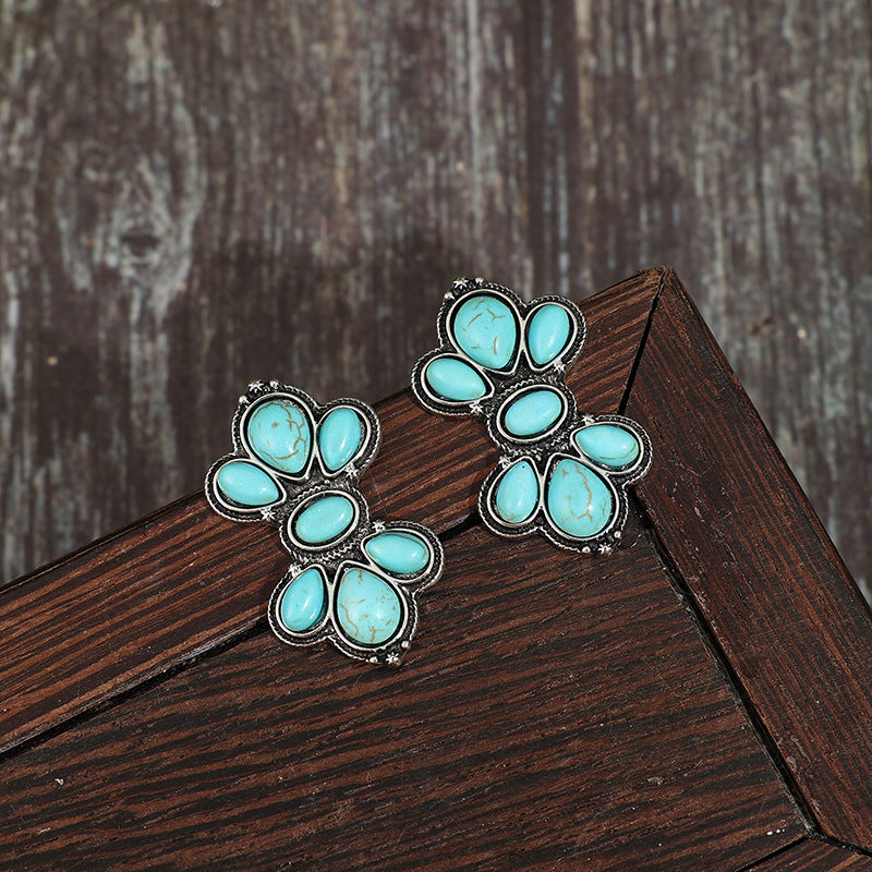 Wholesale Vintage Distressed Turquoise Alloy Earrings Western Bohemian Ethnic Geometric Studs for Women Fashion Accessory