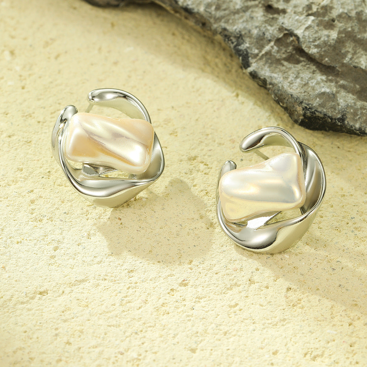 Wholesale Titanium Steel Irregular Geometric Pearl Light Luxury Earrings