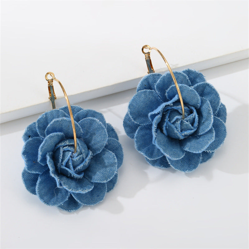 Wholesale Camellia denim blue fabric earrings