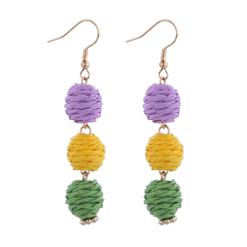 Wholesale carnival handmade braided earrings purple yellow green tricolor beaded long earrings