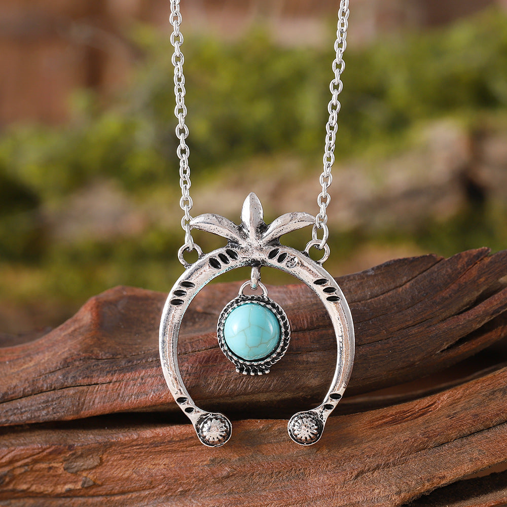 Wholesale Zinc Alloy Bohemian Style Retro Semi-circular Turquoise Pendant Necklace
