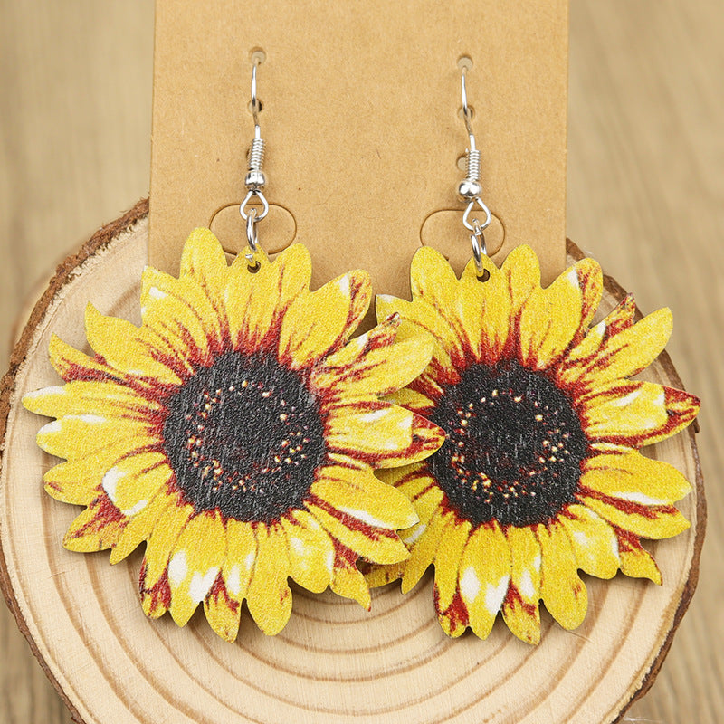 Wholesale Western Old Style Ethnic Style Sunflower Bull Head Leopard Print Round Wooden Earrings