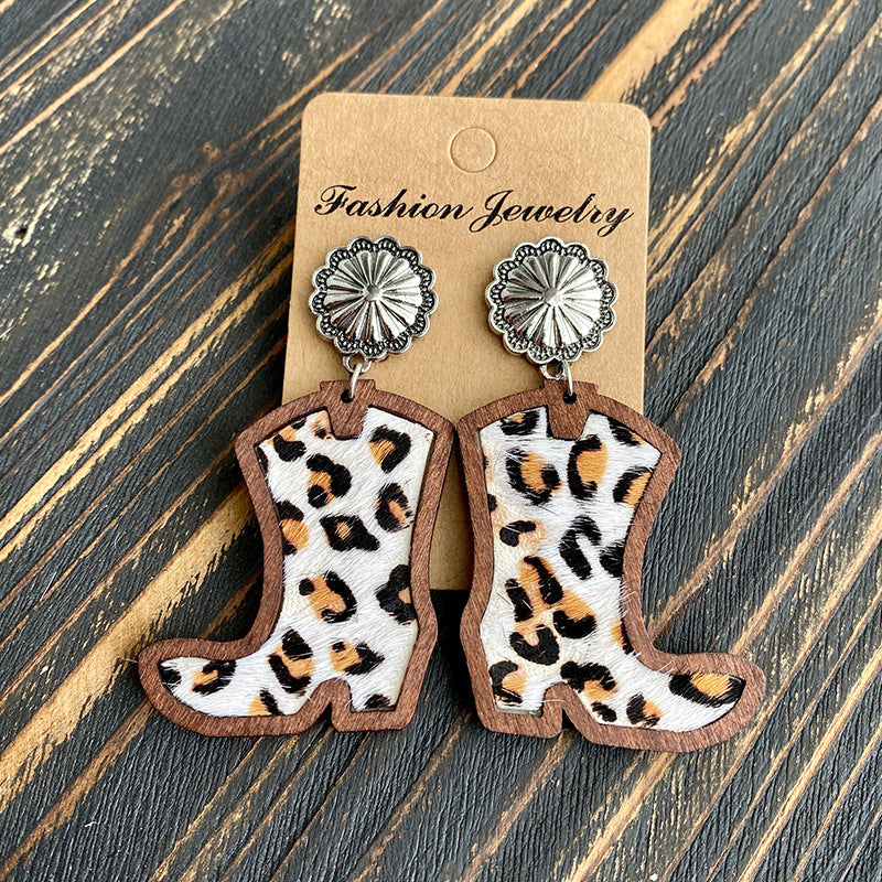 Wholesale Western Denim boots earrings  leopard leather  earrings