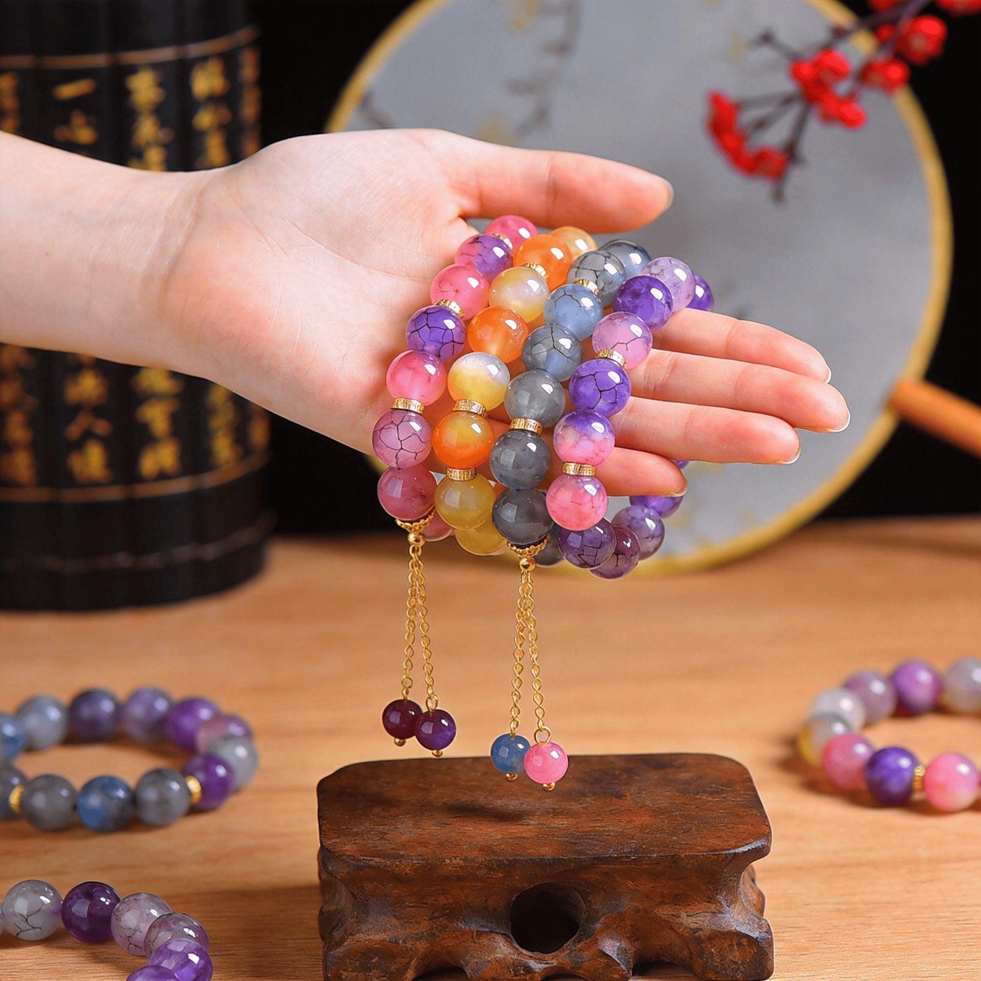 Wholesale Glazed Glass Bead Bracelet Purple White Crystal Style Trendy Jewelry Accessory Everyday Wear Gift For Women Boutique Resale