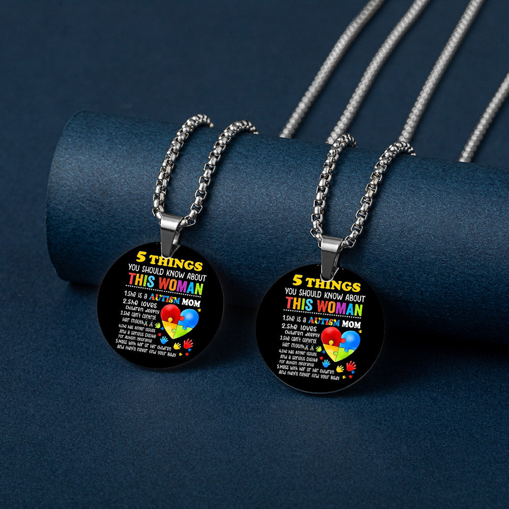Wholesale Autism MOM Puzzle Color Printed Pendant Stainless Steel Necklace Mother's Day ACC-NE-HuanYu004
