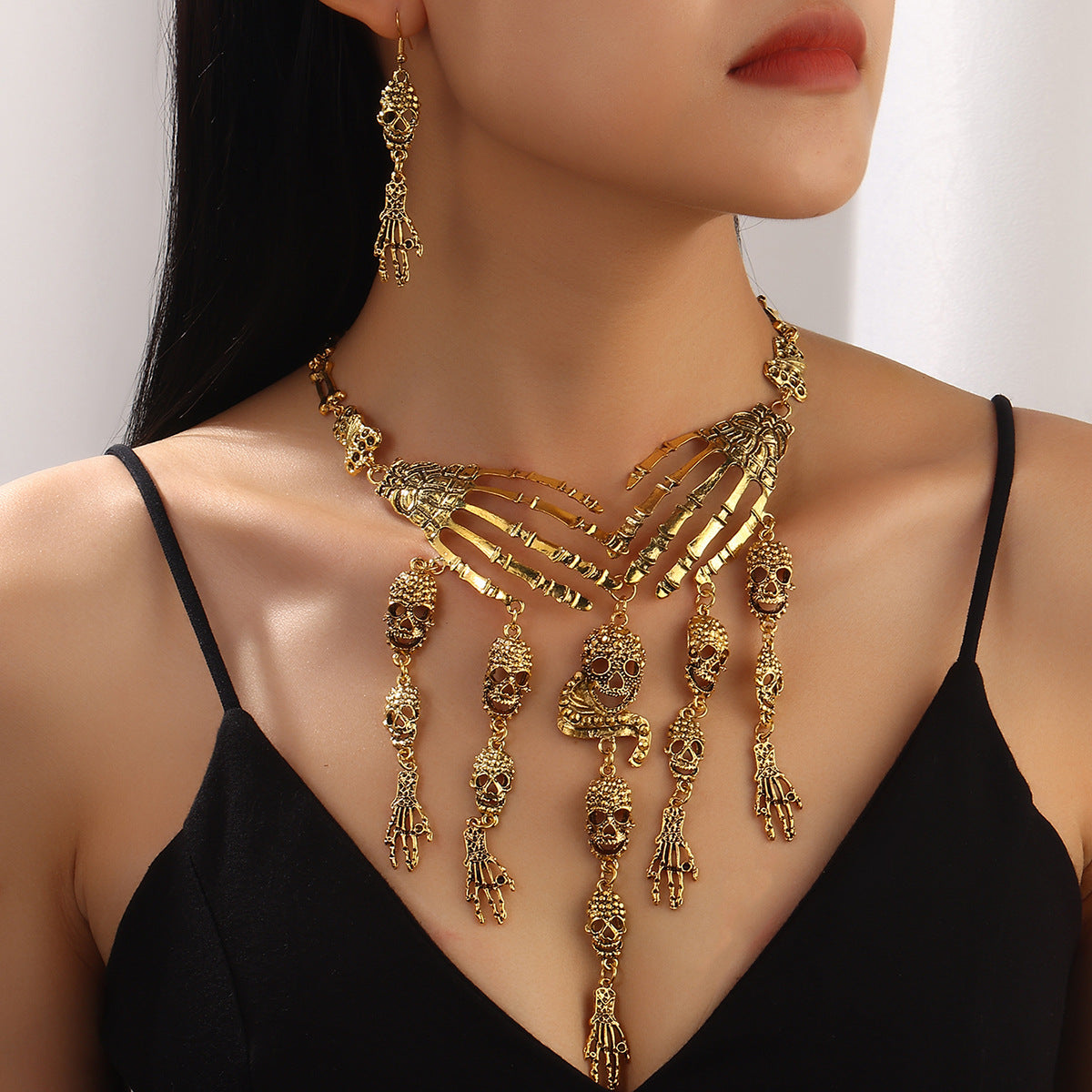 Wholesale Punk Retro Skeleton Hand Skull Necklace Earrings Set  Jewelry Party Accessory Gift