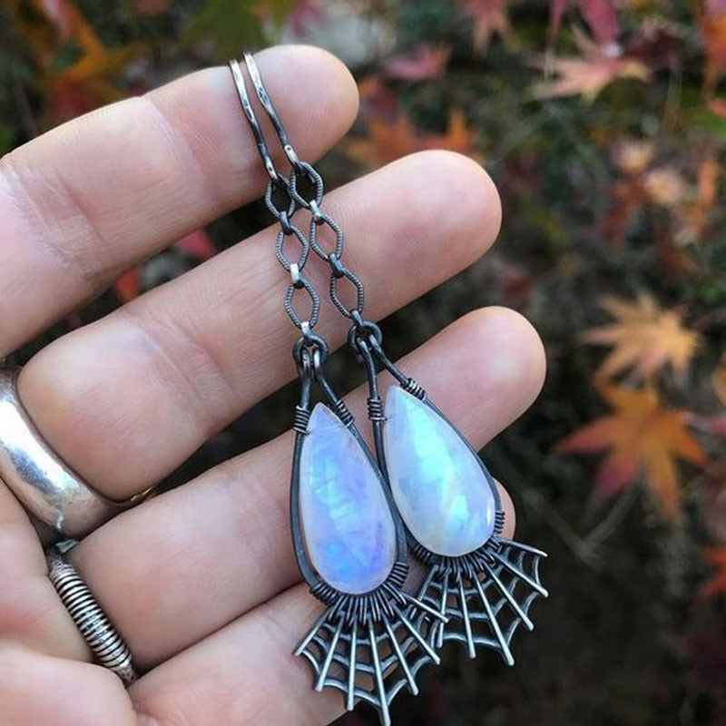 Wholesale  creative spider web shape inlaid long water drop moonstone earrings