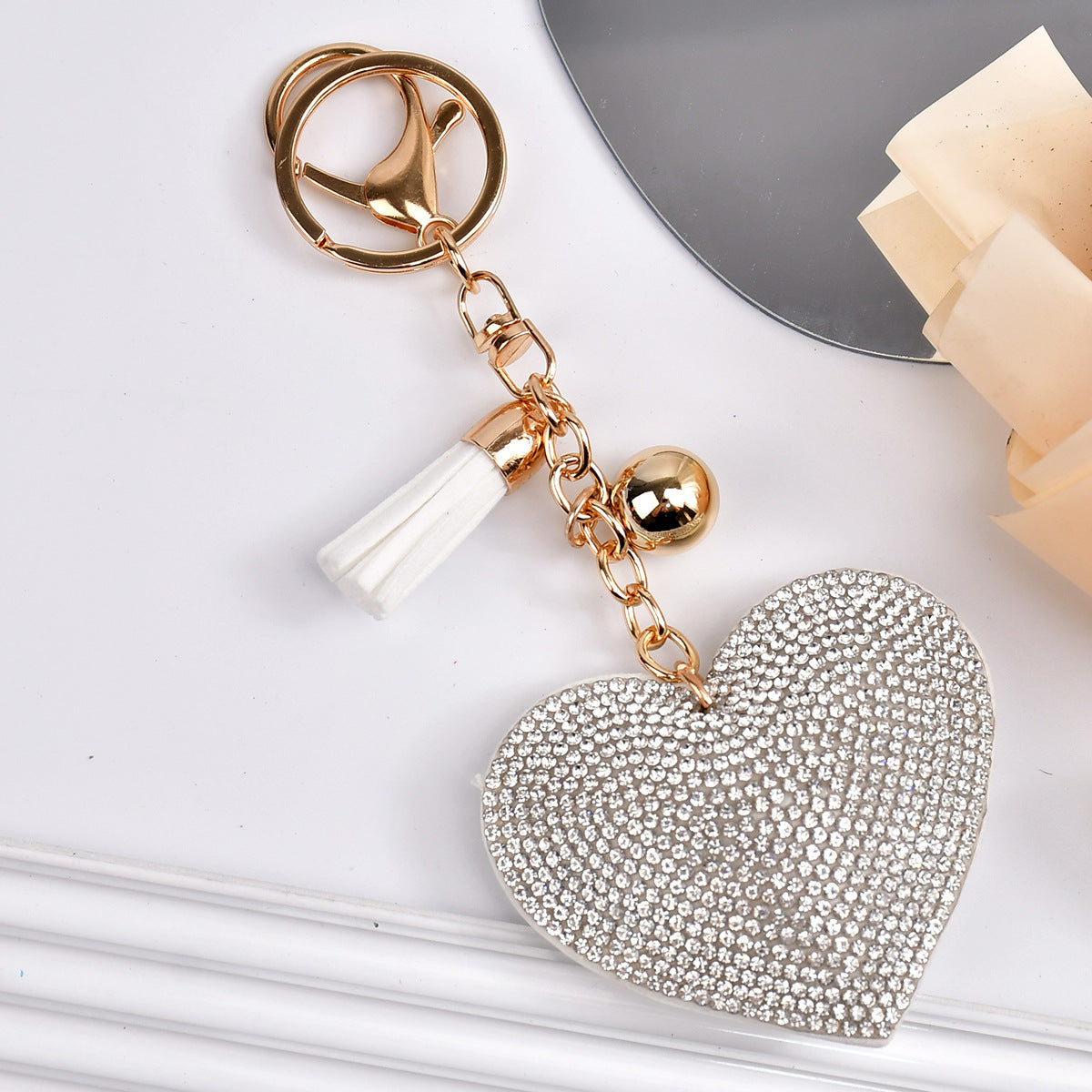 Wholesale  Peach Heart Rhinestone Leather Keychain