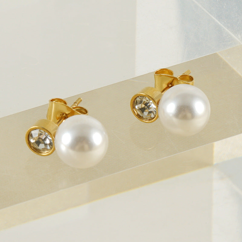 Wholesale Stainless Steel Pearl Diamond Stud Earrings Titanium Steel 18k Earrings ACC-ES-Zhongy004