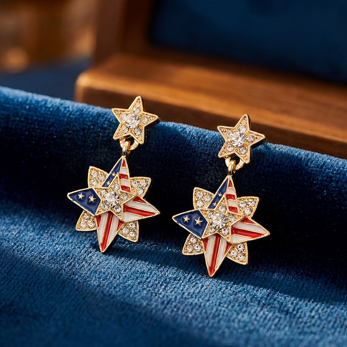 Wholesale USA Independence Day Star Heart Rhinestone Drop Earrings,  Zinc Alloy Fashion Jewelry Accessory for Party Gift Boutique Resale