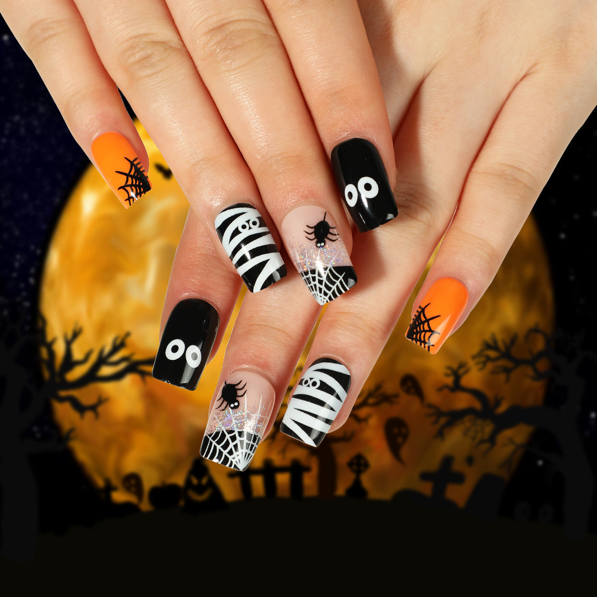 Wholesale 24 Pieces/box Halloween Spider Press-on Nails Kits Nail Stickers ACC-NS-LeFan103
