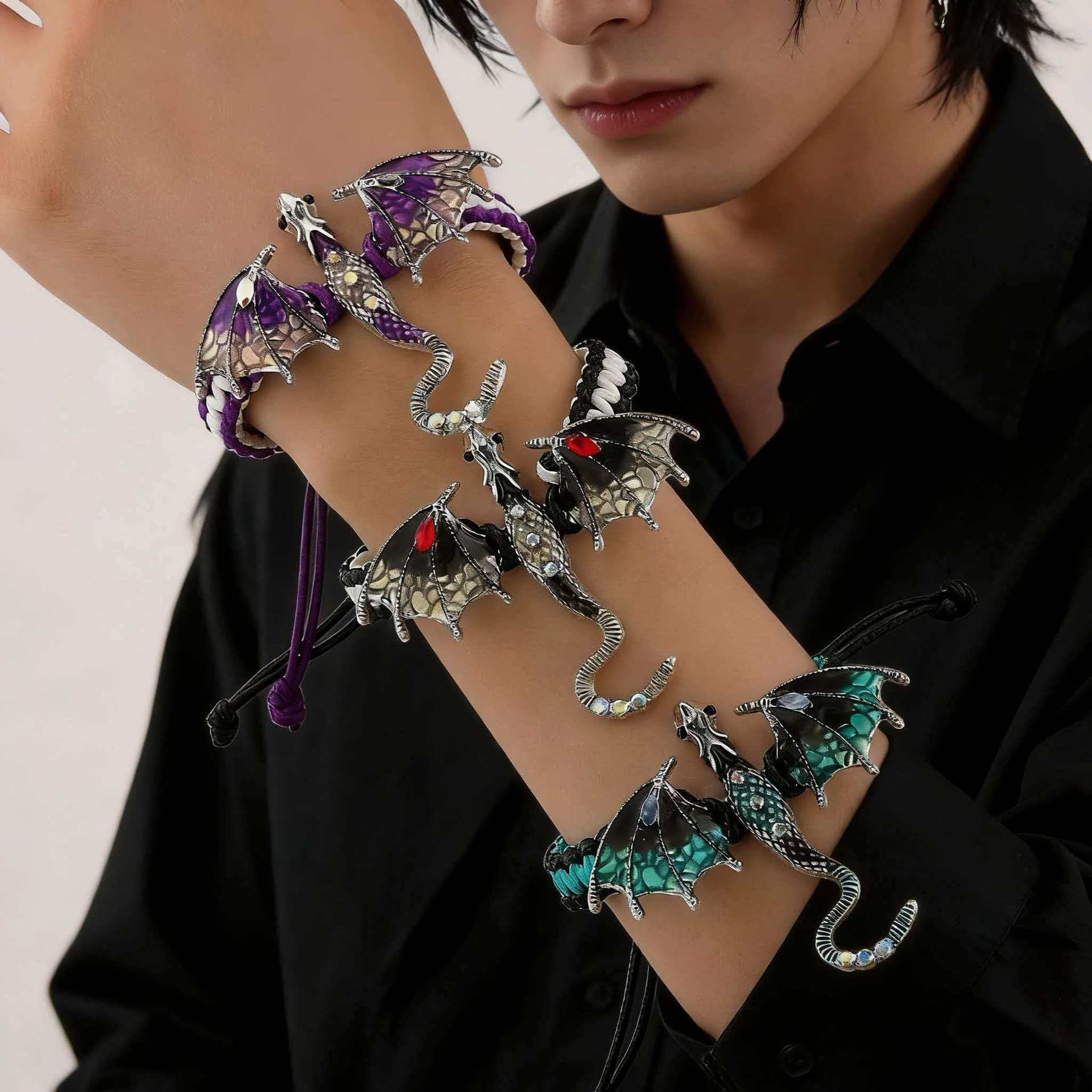 Wholesale Zinc Alloy Enamel Dragon Braided Bracelet,  Men' s Ancient Silver Fashion Jewelry Accessory