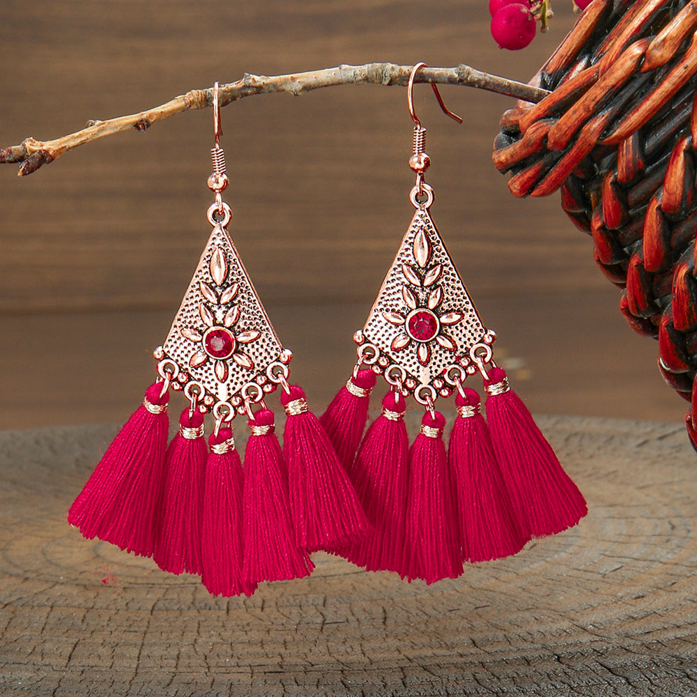 Wholesale Chinese Style Red Tassel Earrings Retro Medieval Festive Jewelry Accessory