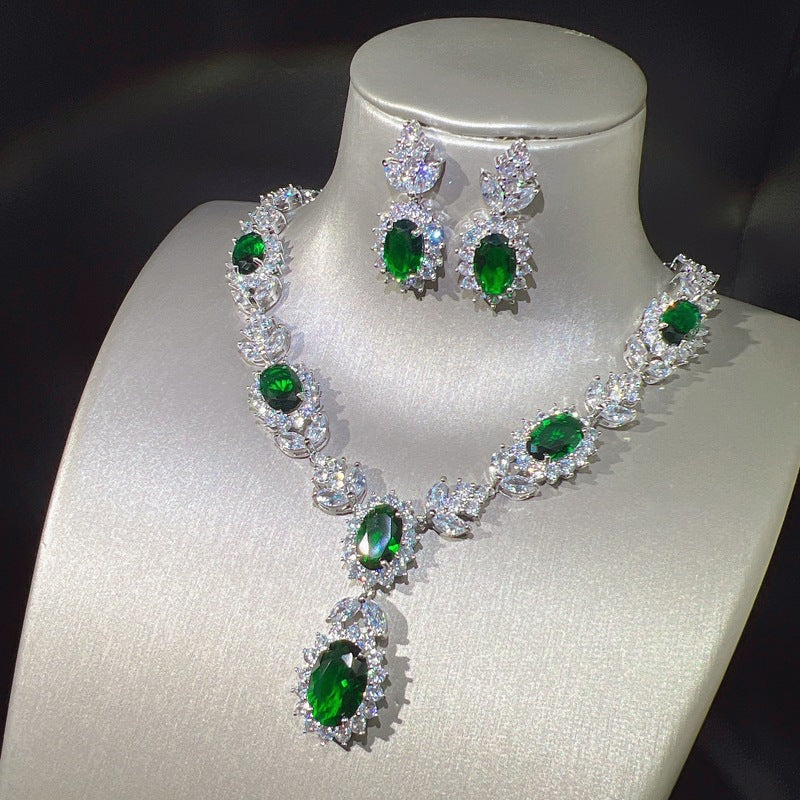 Wholesale Emerald Tourmaline Full Diamond Earrings and Necklace Set ACC-NE-KaLuoqi002