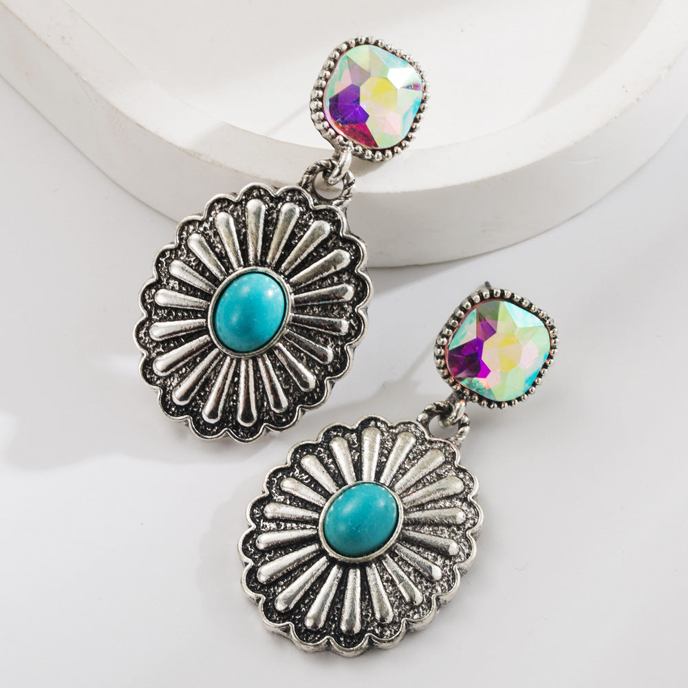 Wholesale Western-style diamond-encrusted turquoise teardrop cross earrings