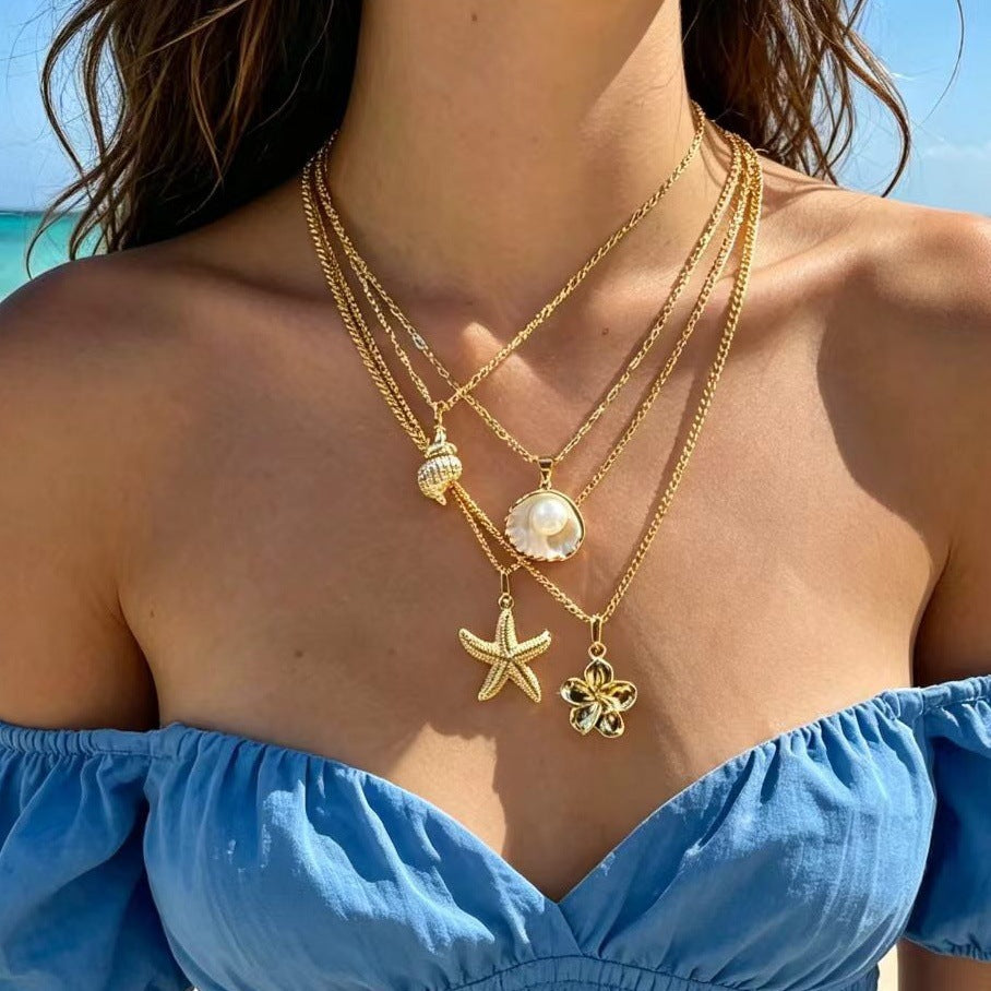 Wholesale Zinc Alloy Electroplated Double Layer Pearl Shell Necklace Summer Beach Vacation Style Fashion Accessory
