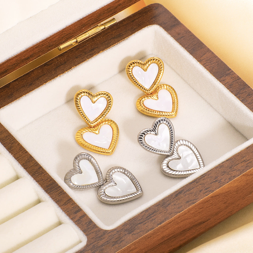 Wholesale love-shaped simple heart double-layer pendant white shell stainless steel earrings