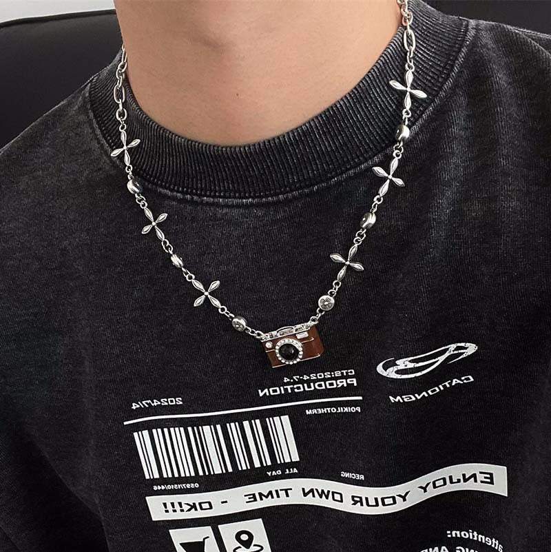 Wholesale  Titanium Steel Brown Camera Pearl Necklace  Light Luxury  Long Chain