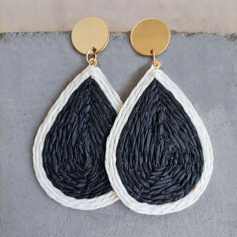 Wholesale 2 Pairs/pack Woven Rattan Drop-shaped Raffia Tie-dye Colorful Holiday Earrings ACC-ES-HY083
