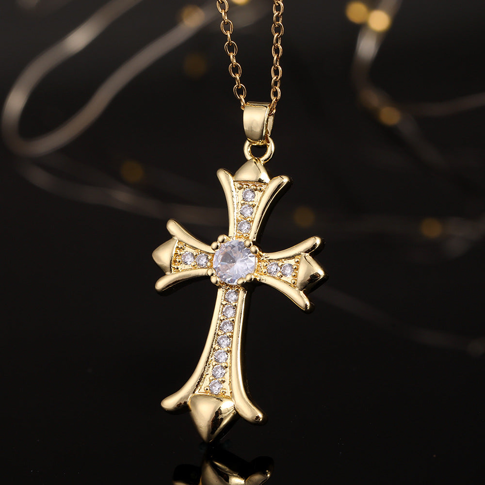 Wholesale Copper Electroplated Zircon Cross Pendant Necklace For Women Fashion Jewelry Accessory Gift