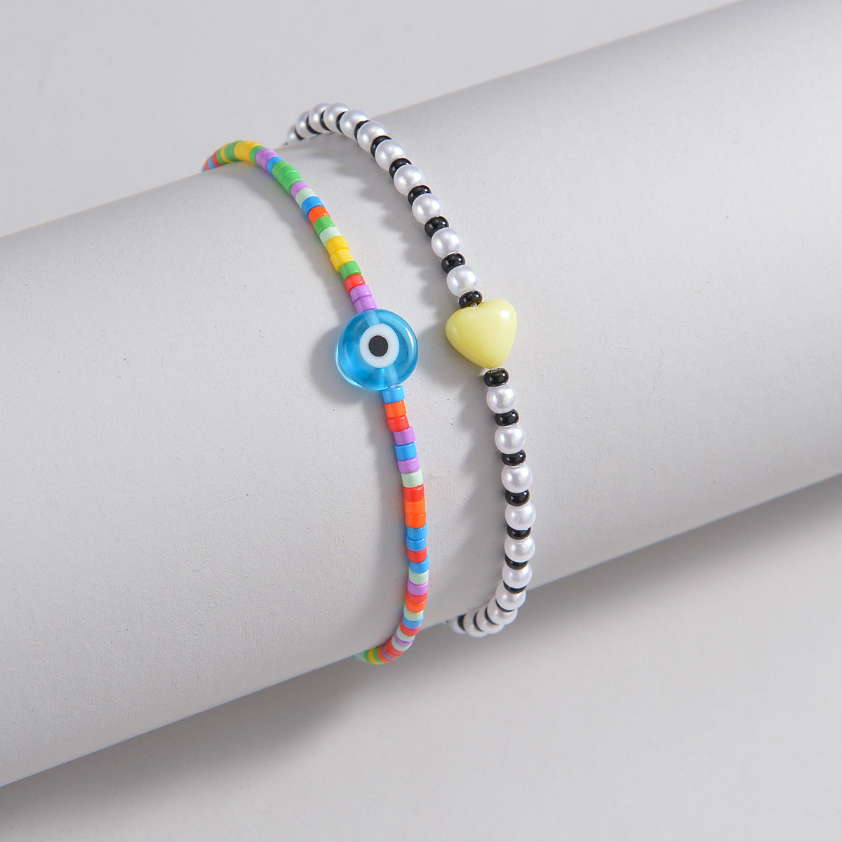 Wholesale  Blue Devil's Eye Yellow Love Color Beads Double Layer Elastic  Anklets