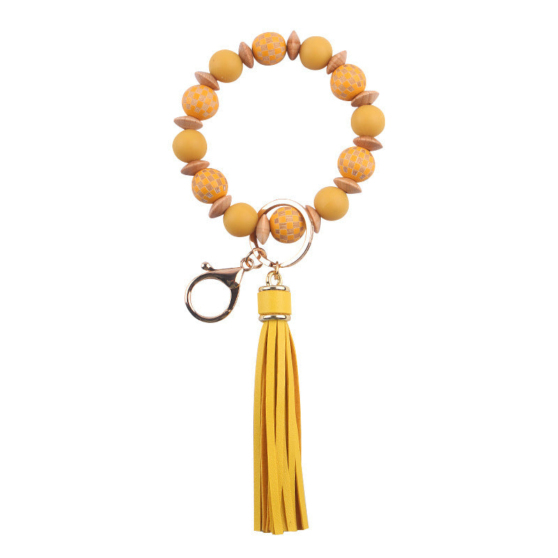 Wholesale Patterned Wood Beads Beaded Silicone Wrist Keychain with Tassel Bulk Keychains ACC-KC-GuangTian039