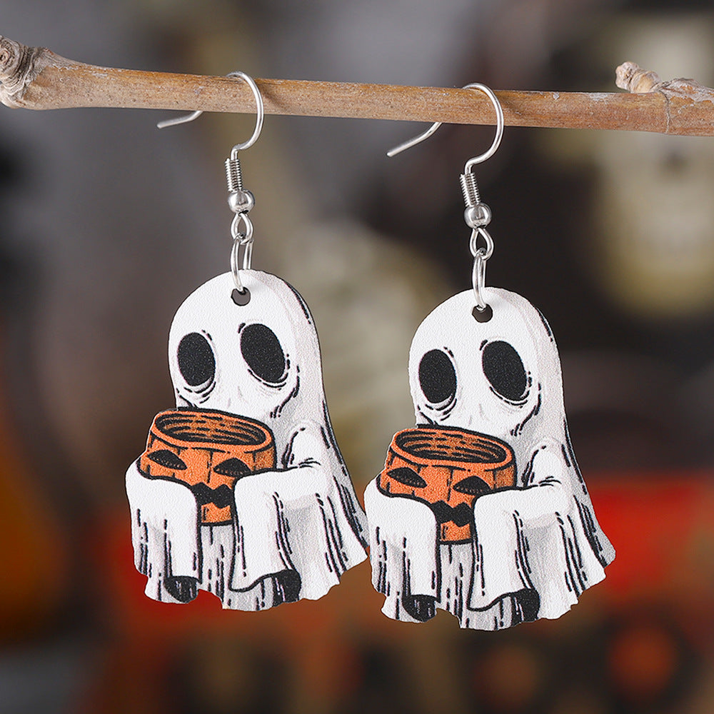 Wholesale Halloween Ghost Face Pumpkin Candy Pendant Goth Theme Wood Earrings ACC-ES-ChuLian033