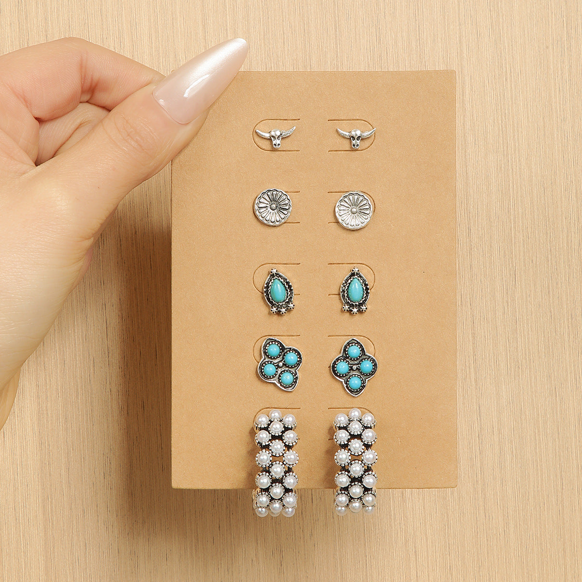 Wholesale  turquoise vintage earrings cow head flower rice beads C- shaped  earrings suit