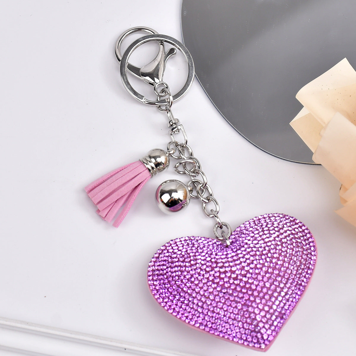 Wholesale  Peach Heart Rhinestone Leather Keychain