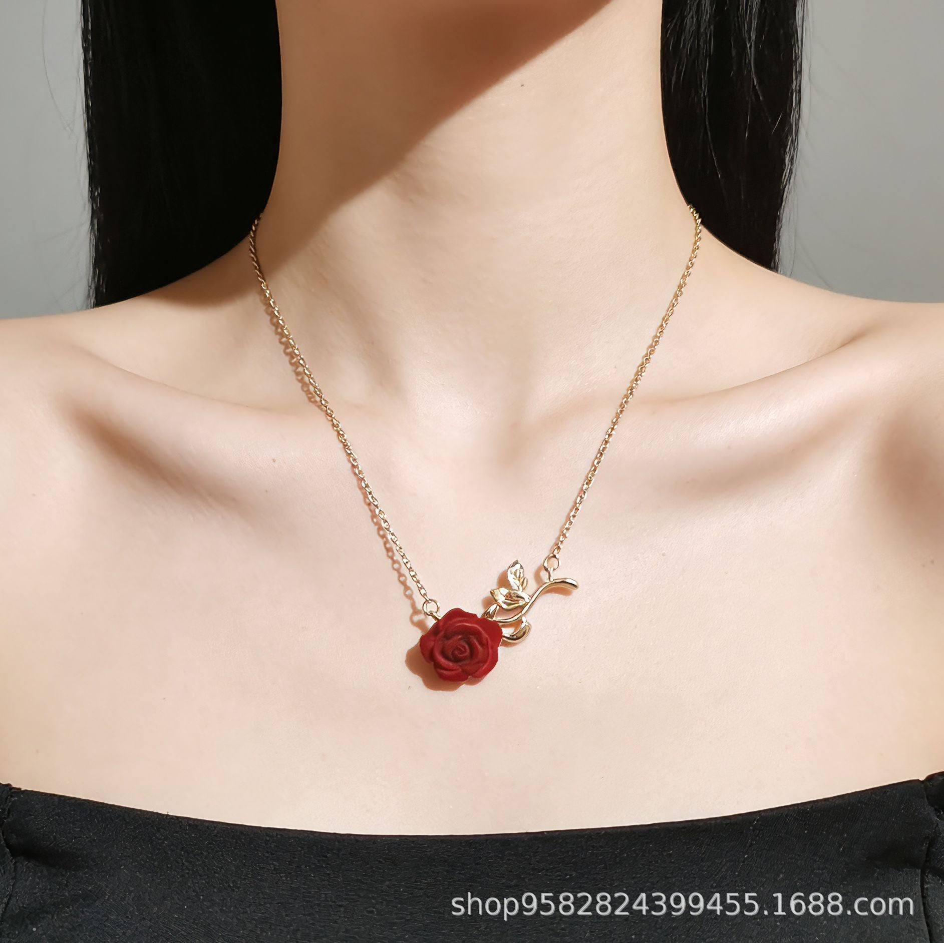 Wholesale Romantic Red Micro-set Choker Necklace,  Titanium Steel Gold Plated,  Fashion Jewelry Accessory for Resale